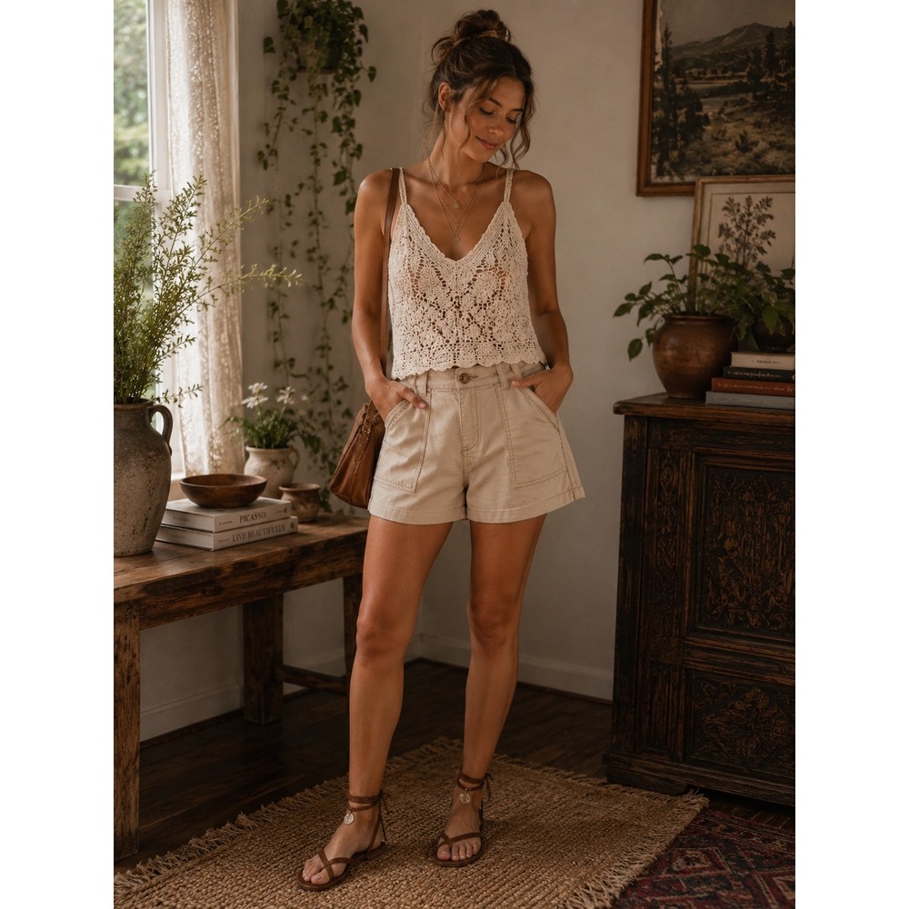 ANA A New Approach Khaki Tan High Rise Utility Shorts Embroidered Trim Size‎ 6